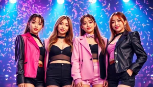 Dynamic portrait of blackpink members Jisoo, Jennie, Rosé, and Lisa celebrating together.