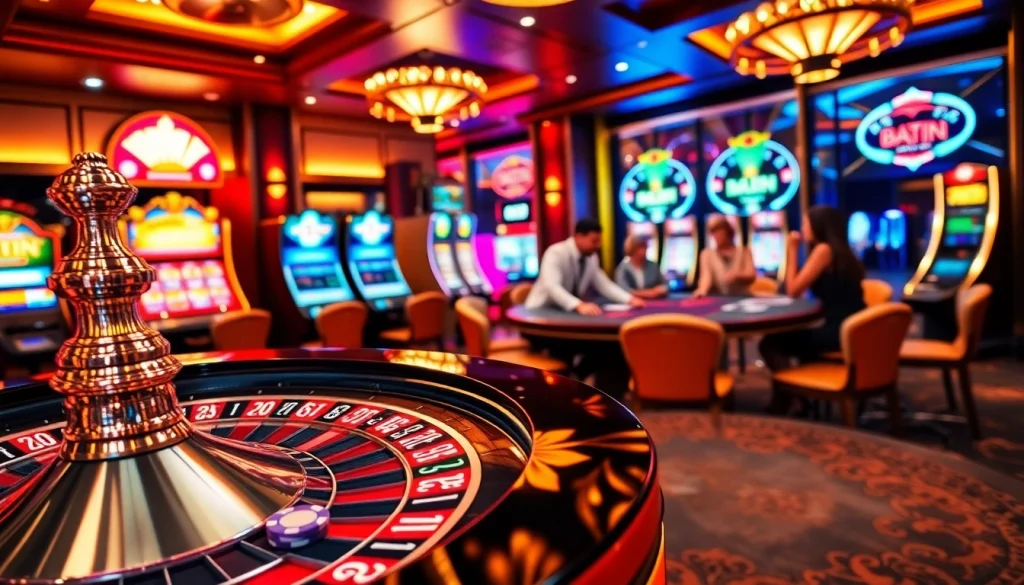 Experience the excitement of RR88 link at a vibrant casino with roulette, poker chips, and sleek slot machines.