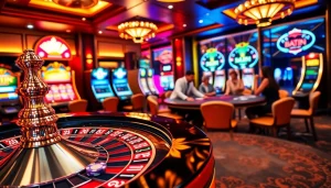 Experience the excitement of RR88 link at a vibrant casino with roulette, poker chips, and sleek slot machines.