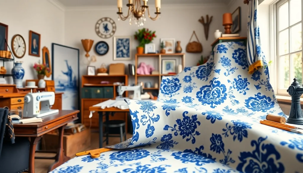 Creëer unieke stukken met delfts blauwe stof, prachtig weergegeven in een creatieve omgeving.