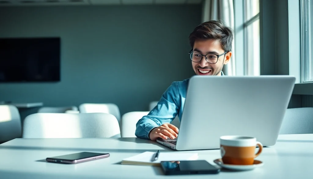 专注的年轻职业人士在时尚办公室环境中使用笔记本电脑上的 WhatsApp Web。