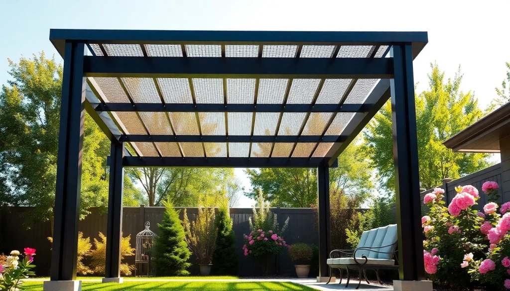 Enhance your outdoor space with a stylish modern steel pergola in a vibrant garden setting.