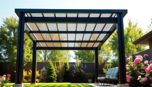 Enhance your outdoor space with a stylish modern steel pergola in a vibrant garden setting.