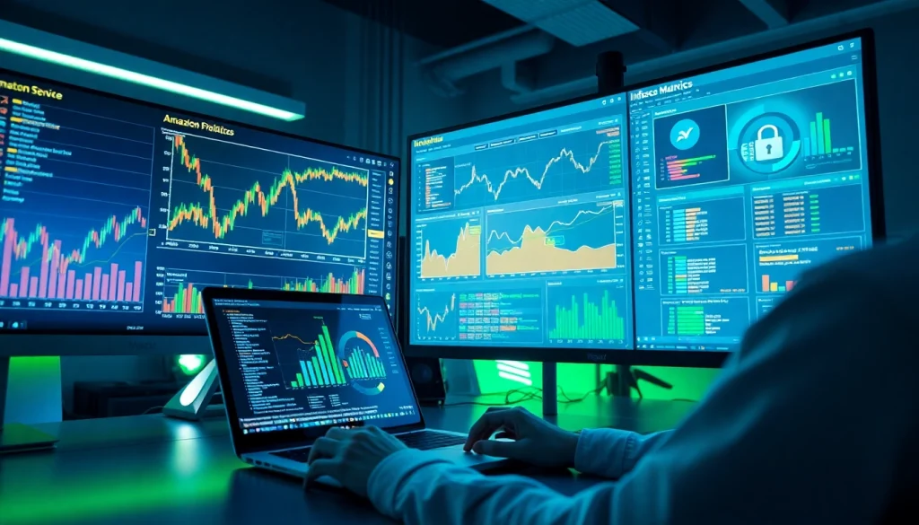 A developer using a smart price tracker analyzes Amazon price fluctuations, emphasizing infosec metrics in a modern workspace.