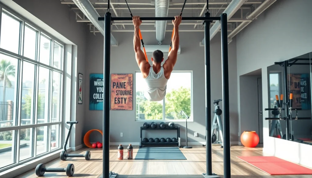 Fit individual using resistance bands for pull-ups in a vibrant gym setting.