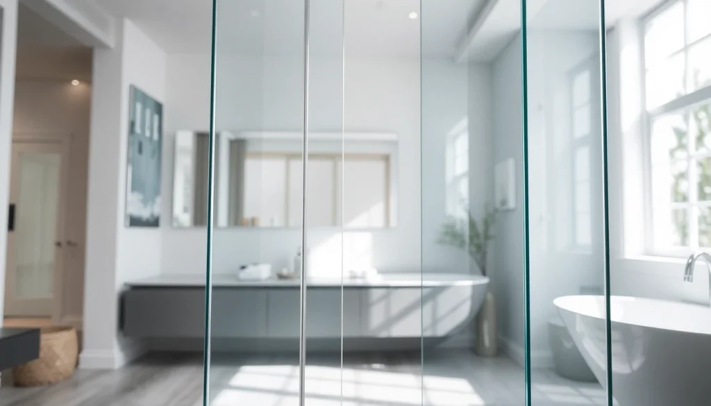 Stylish glass shower doors enhance a modern bathroom environment with bright natural light.