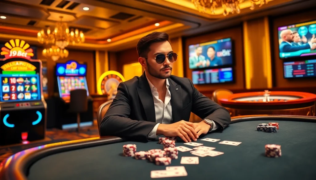 Experience the excitement of gambling at i9bet with poker tables, slot machines, and vibrant casino elements.