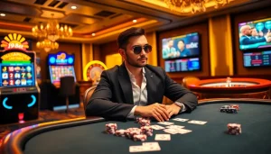 Experience the excitement of gambling at i9bet with poker tables, slot machines, and vibrant casino elements.