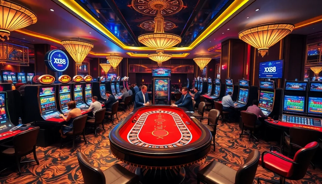 Experience the thrilling atmosphere of XX88 casino with vibrant table games and slot machines.