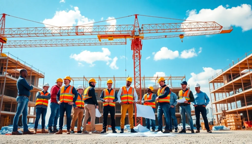 Construction association Colorado workers collaborating on a bustling site to enhance industry standards.