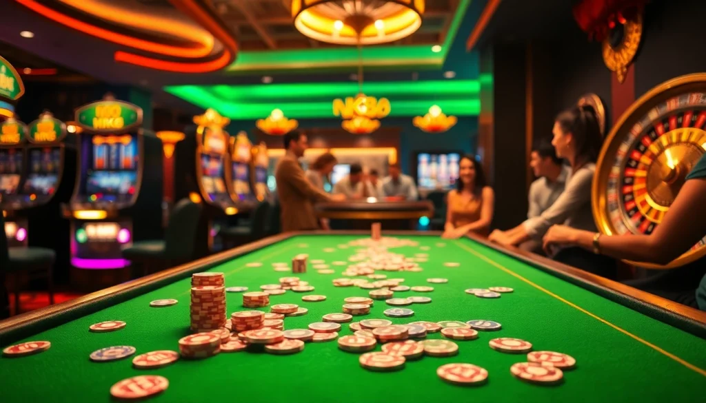 Experience the thrill of playing NK88 at an exciting casino table filled with vibrant chips and cards.