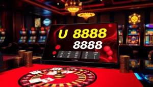 Exciting gameplay at the U8888 online casino with vibrant poker chips and a roulette wheel.