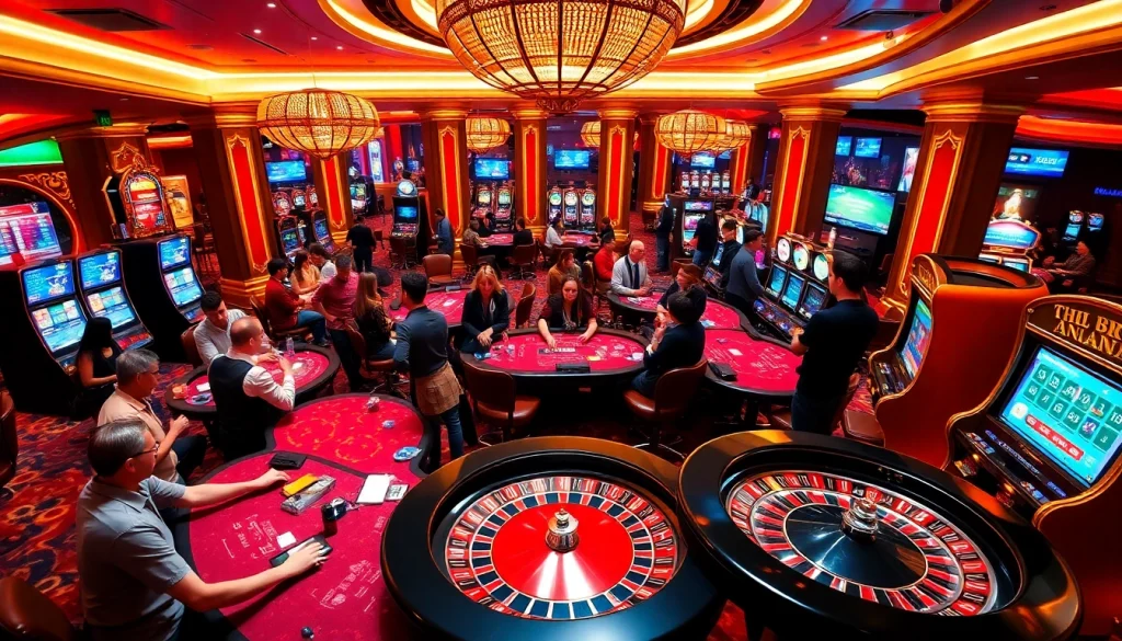 Engaged players enjoying their time at nhà cái vua99 casino with vibrant game tables.