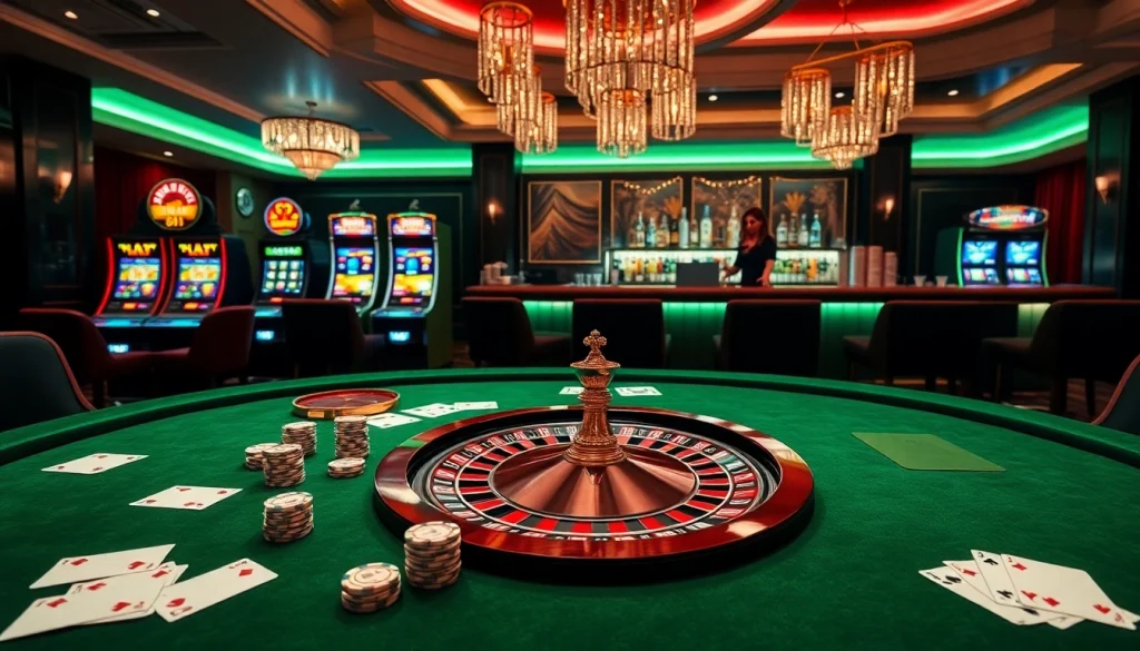 Experience the thrill of FLY 88 at a luxurious poker table surrounded by vibrant casino elements.