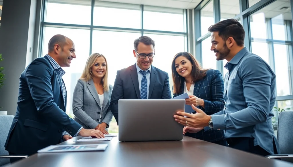 Representatives from an extended warranty company discuss policies in a modern office setting.