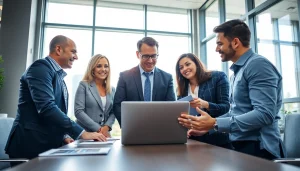 Representatives from an extended warranty company discuss policies in a modern office setting.