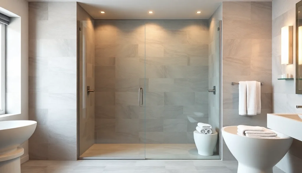Showcasing a frameless sliding shower door in a modern bathroom with sleek, minimalist design.