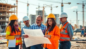 Construction association North Carolina professionals collaborating on site, emphasizing teamwork.