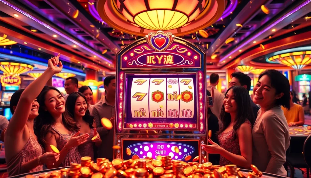 Players celebrating a big win at a vibrant nổ hũ slot machine in a luxurious casino setting.