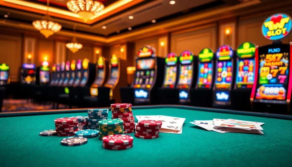 Experience the excitement of idnslot with vibrant slot machines and poker games in a luxurious casino setting.