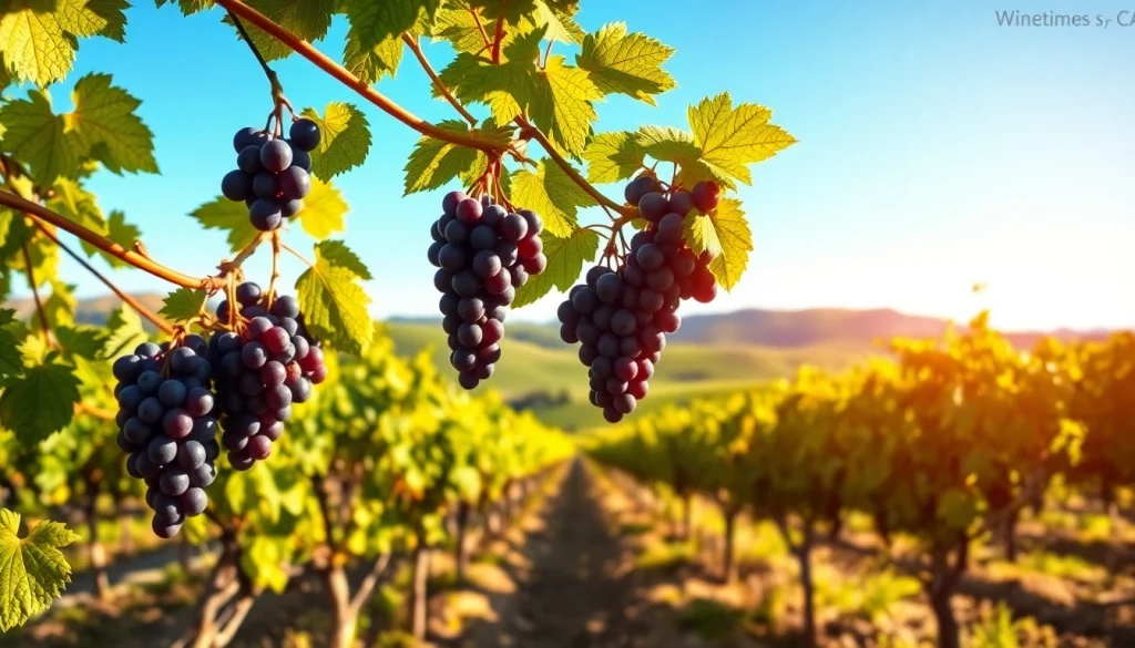 Grapes in Carksburg CA vineyards, highlighting the lush landscape and sunlight.