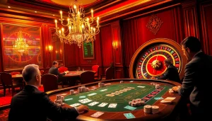 The hidden wiki official theme illustrated through a high-stakes casino scene featuring poker players, chips, and roulette.