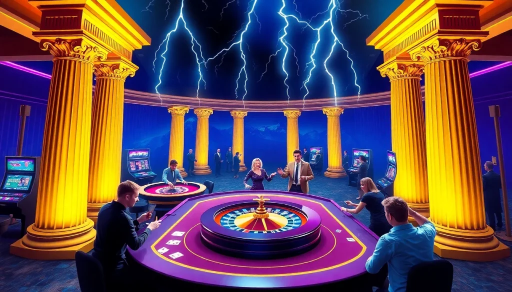 Adegan menggugah para pemain menikmati permainan slot Olympus 1000 di meja kasino mewah.