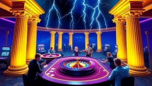 Adegan menggugah para pemain menikmati permainan slot Olympus 1000 di meja kasino mewah.