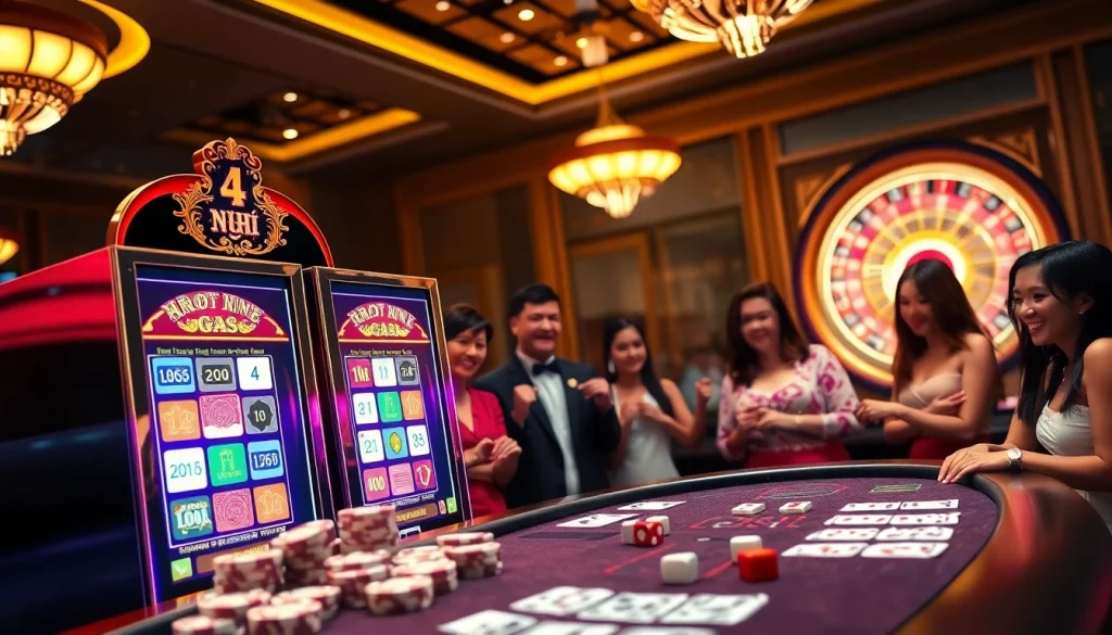 Witness the exhilarating action of nổ hũ in a vibrant casino setting with enthusiastic gamblers.