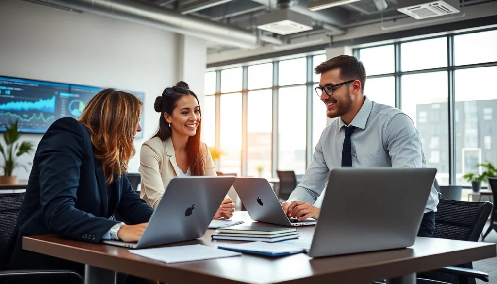 Enhancing competitive intelligence for sales through teamwork and data analysis in a modern office.