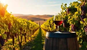 Experience the beauty of Sacramento Wineries with ripe grapevines and a glass of wine.