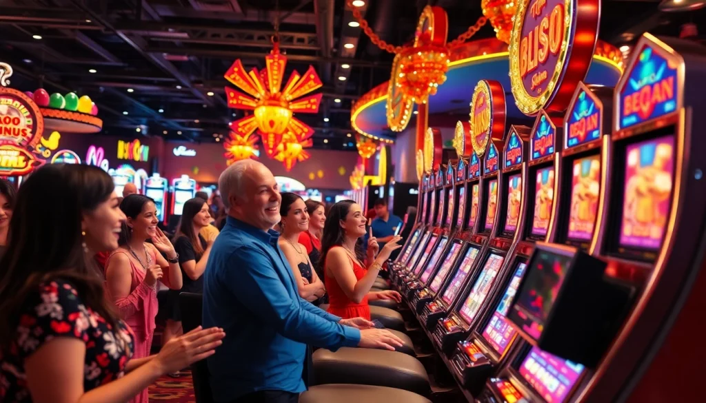 Menangkan slot deposit 1k dalam suasana kasino yang meriah dengan lampu berwarna-warni dan kegembiraan.