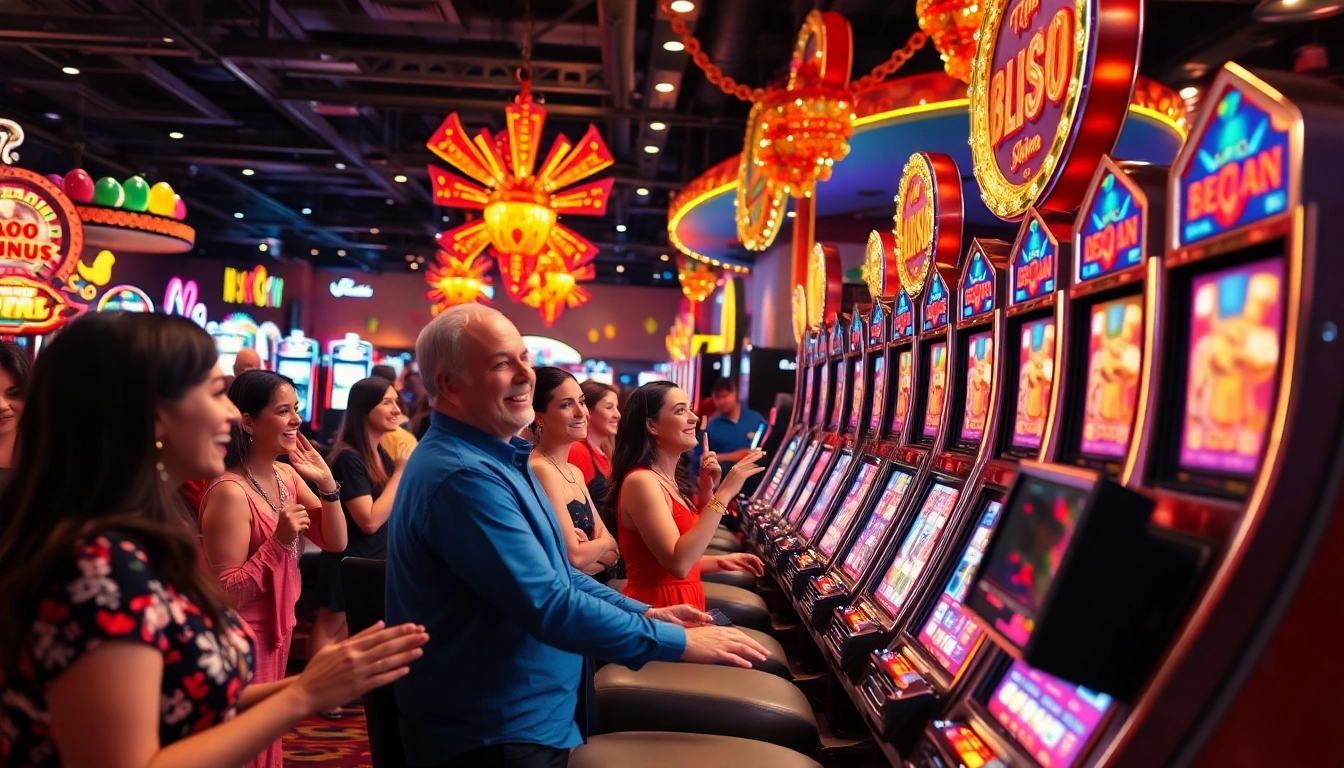 Menangkan slot deposit 1k dalam suasana kasino yang meriah dengan lampu berwarna-warni dan kegembiraan.
