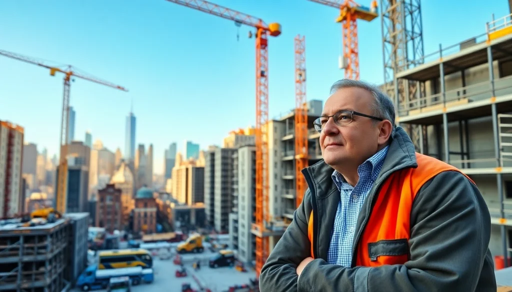New York City Construction Manager overseeing a busy construction site with cranes and urban skyline.