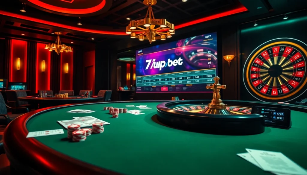 Experience the thrill of 7upbet with players placing bets at a luxurious poker table.