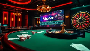 Experience the thrill of 7upbet with players placing bets at a luxurious poker table.