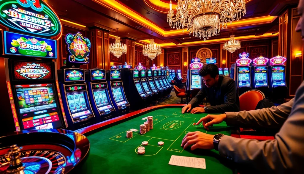 Experience the thrill of RR88 with an energized casino scene featuring poker tables, chips, and gleaming slot machines.