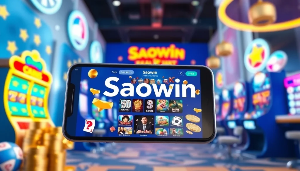 Hình ảnh quảng cáo hấp dẫn cho Saowin APK, thể hiện sự hứng thú với trò chơi di động qua đồ họa sống động.