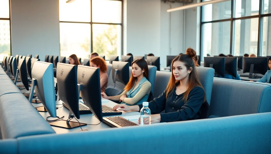 Efficient professionals working in a bright typing center environment, showcasing the modern workspace.