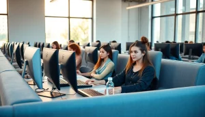 Efficient professionals working in a bright typing center environment, showcasing the modern workspace.