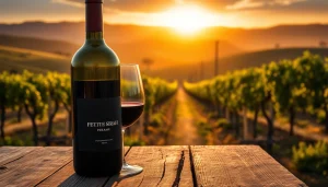 Pouring a glass of petite sirah wine against a vineyard sunset backdrop.