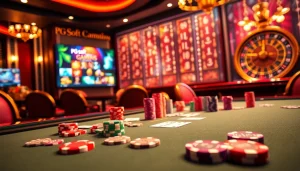 Engaging scene showcasing pg soft games with vibrant casino elements and poker chips.