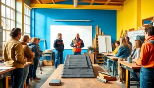 Participants in a roofing apprenticeship learning essential skills in an engaging classroom.