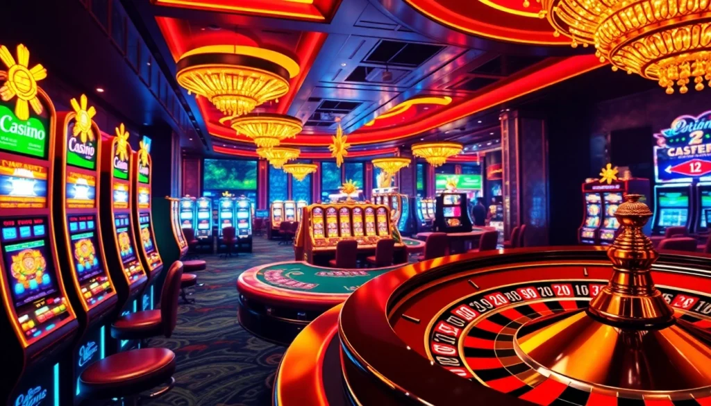 Scène captivante d'un casino luxueux présentant le meilleur casino en ligne 2026 avec des machines à sous vibrantes et des tables de poker.