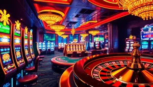 Scène captivante d'un casino luxueux présentant le meilleur casino en ligne 2026 avec des machines à sous vibrantes et des tables de poker.