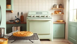Check out this Retro Oven nestled in a warm, inviting kitchen atmosphere with pastel colors.