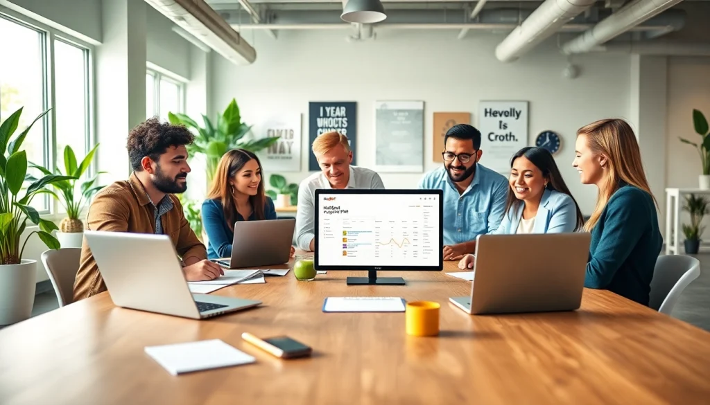 Collaborative team discussing strategies at an agencia hubspot in a modern office.