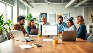 Collaborative team discussing strategies at an agencia hubspot in a modern office.