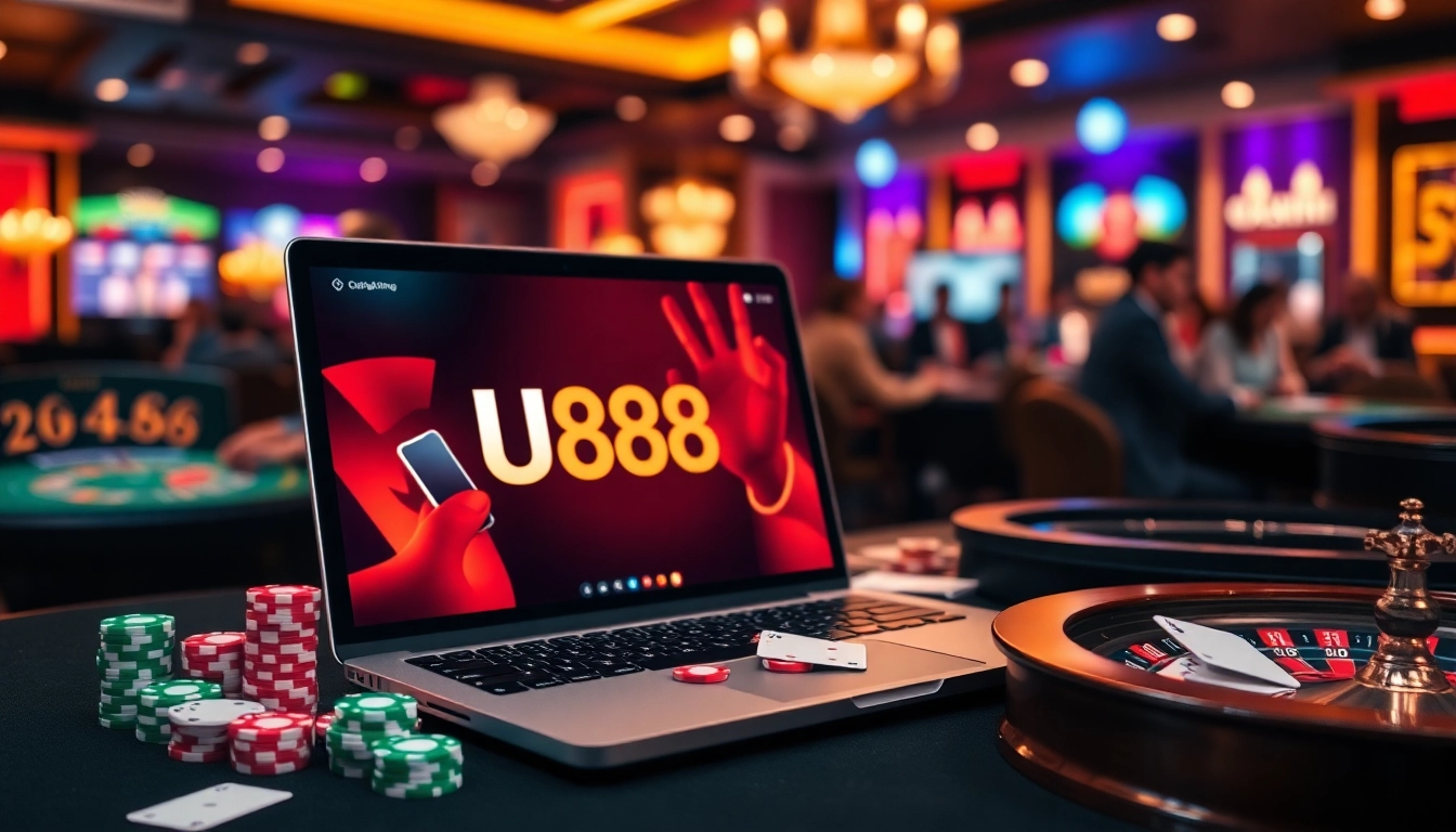 U888 players engaging in exciting online gambling activities with vibrant casino elements.