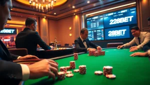 Experience the thrill of gaming at 28BET with a vibrant poker table surrounded by engaged players.